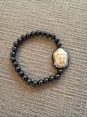 Beaded Bracelet with Buddha Charm and Rhinestone Accent - Black Hematite